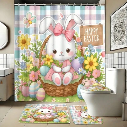1/3/4pcs Easter Bunny Bathroom Set With Plaid And Easter Egg Print, Including Shower Curtain Set. This Decorative Bathroom Set Includes A Shower Curtain, U-Shaped Toilet Mat, Non-Slip Floor Mat, Toilet Lid Cover, And 12 Shower Curtain Hooks. It's Suitable For Housewarming, Birthdays, Holidays, And As A Gift For Couples.