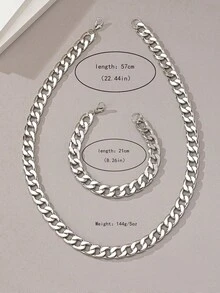 2件套时尚嘻哈金属粗链项链和手链套装，男士日常佩戴 - 銀色 - 查看 6