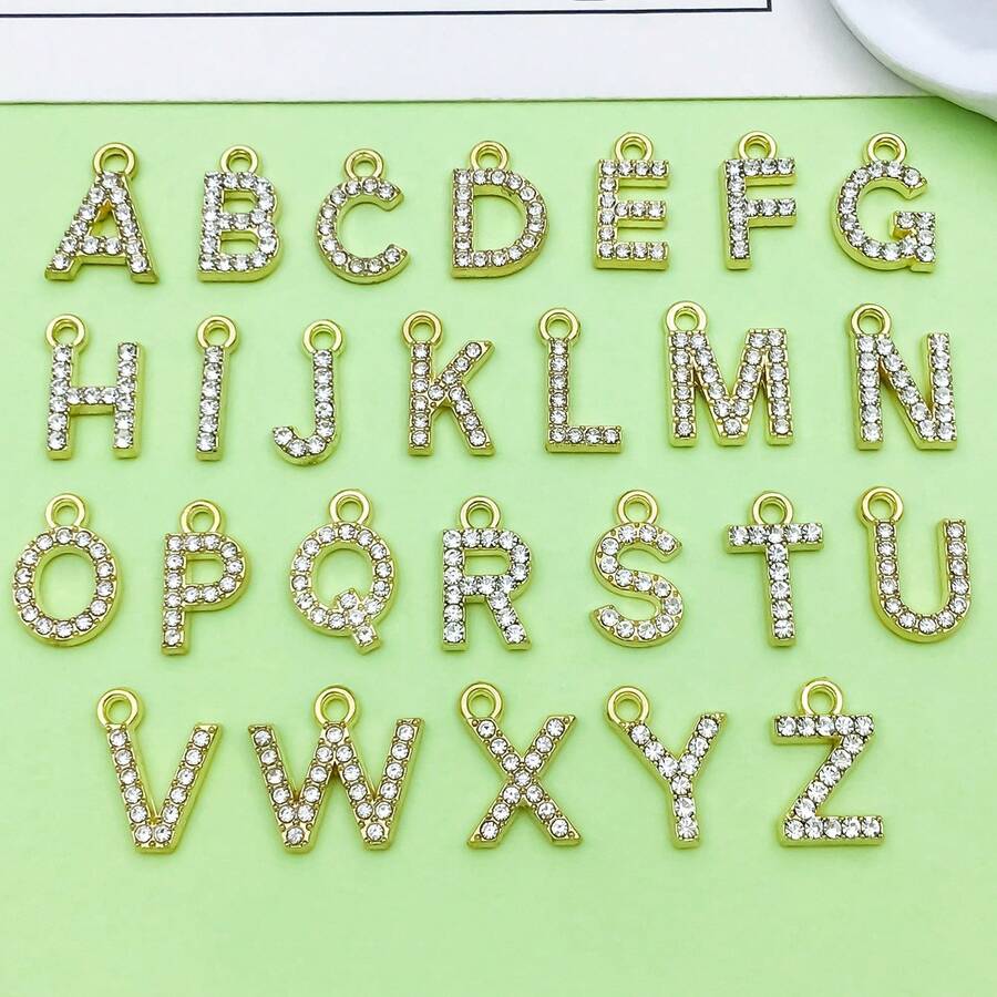 10/26 piezas Encantos de letras del alfabeto A-Z con rhinestones y cristales brillantes para DIY de pulseras, collares, aretes, gargantillas y manualidades - Dorado - Ver 1