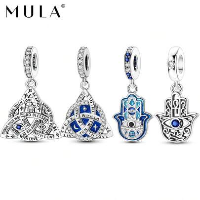 1件镀银复古蓝色邪眼、法蒂玛之手、凯尔特结、星月元素吊坠，适用于手链、项链、串珠、DIY珠宝制作，男女皆宜的珠宝配饰