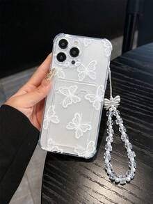 1个白色蝴蝶UV印花图案透明卡包手机壳，配有蝴蝶结珠子腕带，兼容 17/16/15/14/13/12/11/X，柔软TPU保护壳，创意图案，是情人节、生日、圣诞节、万圣节、送给男友、父母、家人、朋友的理想礼物。 - 彩色 - 查看 1