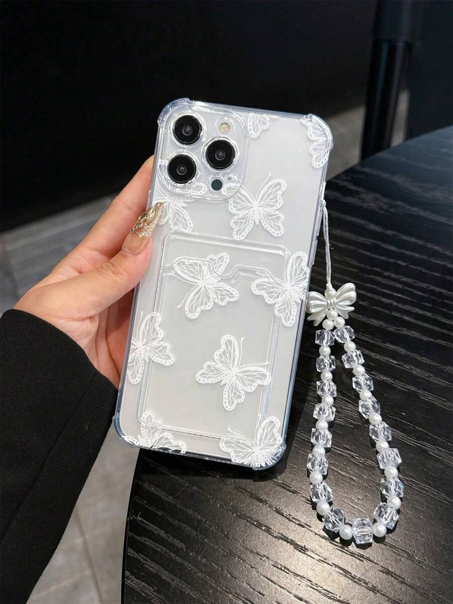 1个白色蝴蝶UV印花图案透明卡包手机壳，配有蝴蝶结珠子腕带，兼容 17/16/15/14/13/12/11/X，柔软TPU保护壳，创意图案，是情人节、生日、圣诞节、万圣节、送给男友、父母、家人、朋友的理想礼物。 - 彩色 - 查看 1