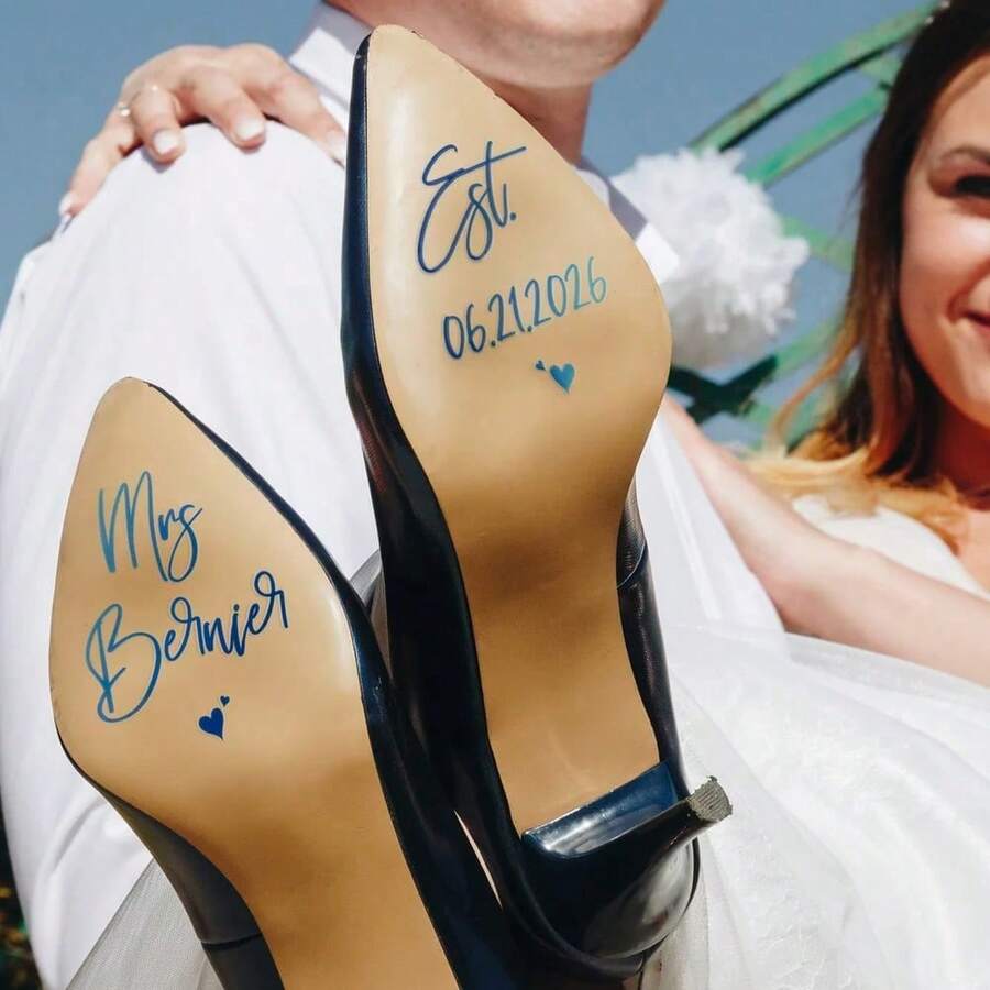 Personalized Waterproof Bride Heart-Shaped Wedding Shoe Stickers, Customizable Text And Date, Glitter Name And Phrase Stickers, High Heels Wedding Anniversary Gift For Bride And Bridesmaids - Multicolor - View 1