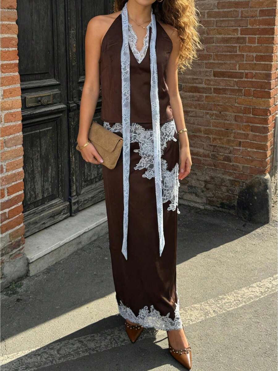 Women's Summer 2 Piece Satin Outfit Stylish Lace Patchwork Sleeveless Deep V Neck Satin Tops And Long Skirt Set - 咖啡棕 - 查看 1