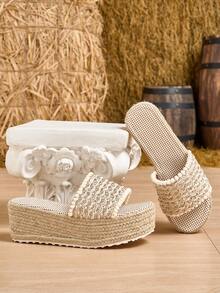 绳底坡跟厚底毛绒单带厚底时尚女鞋 - 銀色 - 查看 2