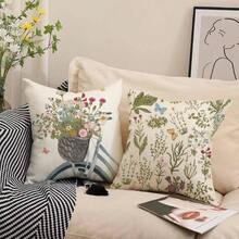 4 PIEZAS Funda de almohada de primavera con diseño de plantas verdes y flores, funda decorativa cuadrada de lino con estilo rústico para cojín de sofá y cama de uso doméstico, de un solo lado, sin incluir la almohada - Verde Pastel - Ver 4