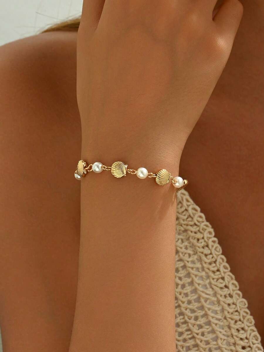 1pc Handmade Seashell & Faux Pearl Bracelet, Fashionable & Luxurious, Versatile For Daily Wear, Beach, Party - Multicolor - View 1