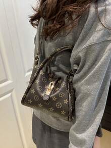 Bolso de cubo con patrón geométrico de lujo para mujer - Correa para el hombro ajustable, diseño de correa para la muñeca, elegante bolso de mano de color café, bolso bandolera para mujer, bolso retro, adecuado para ocasiones diarias/formales - Café - Ver 2