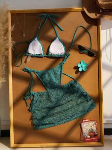 情人节女士夏季沙滩比基尼套装，钩针编织露背比基尼，波西米亚风钩针度假连衣裙，女士沙滩比基尼三件套，适合沙滩、休闲、度假和泳池派对 - 墨綠色 - 查看 4