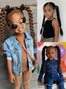 2条装橡皮筋辫子发丝纤维合成假发，适合儿童日常佩戴和角色扮演 - 彩色 - 查看 4