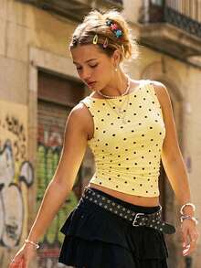 Women Tank Top, Sleeveless Tops Crew Neck Tie-up Dots Print Slim Fit Summer Clubwear - Amarillo - Ver 2