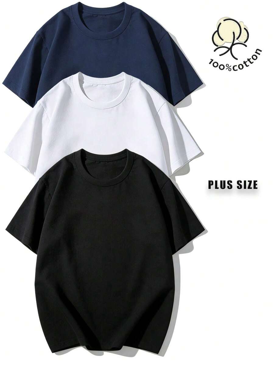 3pc Big Boy 180g Man T-Shirt  Black White Solid Color 100% Cotton Oversized Men's Casual Streetwear Tee With Humorous Graphic, Machine Washable For Outdoor Casual Attire, Humorous Apparel Short Sleeve Top Durable Clothing PLUS SIZE - 黑+白+藍 - 查看 1