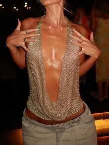 New Women's Camel Sleeveless Deep V-Neck Pleated Fitted Cropped Y2K Style Shiny Knit Camisole Top. Suitable For Afternoon Tea, Fashion Parties, Dinner, Weekend Shopping, Birthday Celebrations, Beach Vacations, Seaside Trips, And Romantic Dates - Camel - View 3