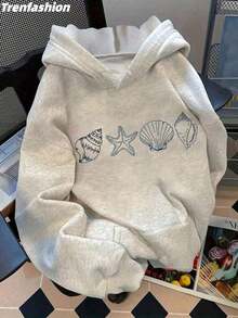 Trenfashion Women's Oversized Hoodie Baggy Gray Y2K Seashell & Starfish Printed Graphic Sweatshirt With Geometric Ocean Logo Pocket Soft Casual Drop Shoulder Pullover Sweatshirt Long Sleeve Top For Beach Dress Up And Everyday Wear Relaxed Fit Cute Print Versatile Style Unisex Plus Size Sweatshirts Hoodies - Light Grey - View 1