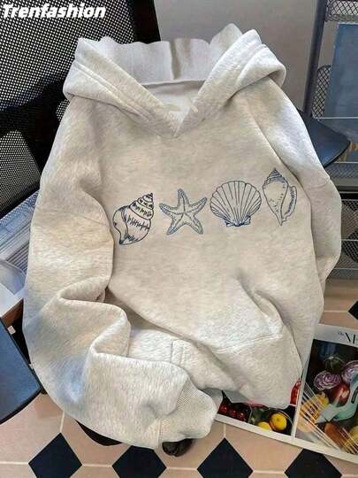 Trenfashion Women's Oversized Hoodie Baggy Gray Y2K Seashell & Starfish Printed Graphic Sweatshirt With Geometric Ocean Logo Pocket Soft Casual Drop Shoulder Pullover Sweatshirt Long Sleeve Top For Beach Dress Up And Everyday Wear Relaxed Fit Cute Print Versatile Style Unisex Plus Size Sweatshirts Hoodies