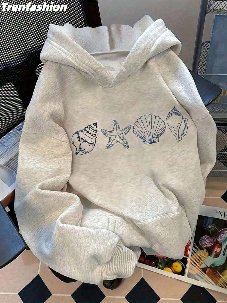 Trenfashion Women's Oversized Hoodie Baggy Gray Y2K Seashell & Starfish Printed Graphic Sweatshirt With Geometric Ocean Logo Pocket Soft Casual Drop Shoulder Pullover Sweatshirt Long Sleeve Top For Beach Dress Up And Everyday Wear Relaxed Fit Cute Print Versatile Style Unisex Plus Size Sweatshirts Hoodies - Light Grey - View 1
