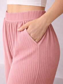 Women's Pink Wide-Leg High-Waisted Ribbed Pants With Side Slit And Pocket – Casual Fashion - Màu Hồng baby - Xem 2