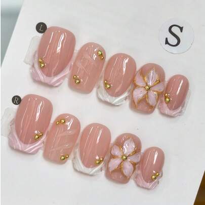 10pcs Pink Edged 3D Carved Short Square Nails, Y2K French Manicure Nude Pink Versatile Handmade Nail Accessories With Gold Beads, Suitable For Daily Wear, Press-On Nail Tips Handmade Press On Nails