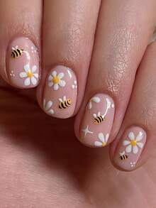 24片装美甲贴片，可爱蜜蜂与碎花图案，清新春夏田园风，适合女性日常佩戴，也适合节日和派对场合。 - 黃色 - 查看 1