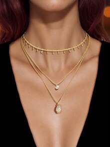 Set de 3 collares minimalistas de cadena dorada de 3 capas con colgante brillante, accesorio de joyería adecuado para fiestas y uso diario - Dorado - Ver 1