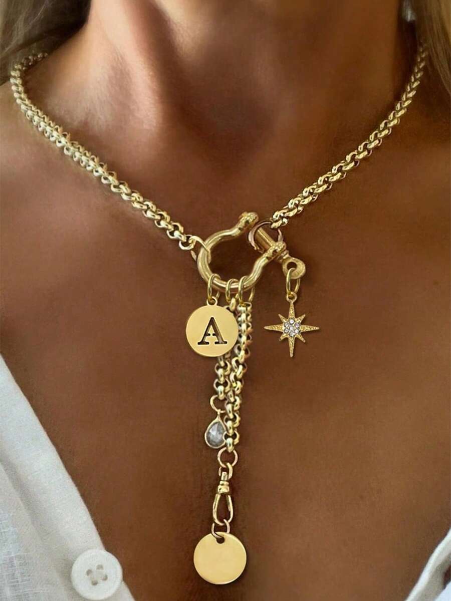 1 PC Collier pendentif lettre A-Z doré, chaîne pendentif étoile octogonale, collier multi-pendentif, chaîne en acier inoxydable, pour le travail, l'usage quotidien, les fêtes, - Or jaune - Voir 1