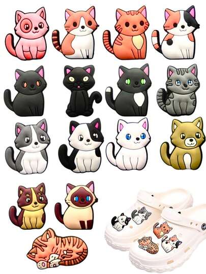 15 Pcs Cute Cartoon Cat Hole Shoes Accessories, Made Of PVC Soft Rubber Material, Detachable DIY Accessories, Suitable For Decorating Sandals And Shoes