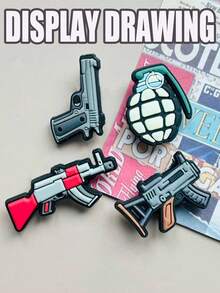 16 PCS Pistol Series, Cartoon Gun Money Bag, Soldier Lip Cap, PVC Shoes Accessories, Sandals Decoration, Garden Shoes Accessories, Party Accessories For Holidays, DIY Beach Packaging Accessories, Birthday, Christmas, Valentine's Day, Halloween Party Gifts, Shoe Hangers - Black - View 7