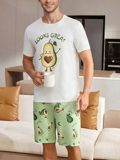 Set de 2 piezas de camiseta de manga corta y pantalones cortos casuales con estampado de aguacate para hombre