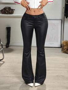 Women Black Faux Leather Flare Pants Y2K Sexy Streetwear Coated Faux PU Leather Pants Loose Casual Micro Flare Leather Pants,2026 Summer - Black - View 3