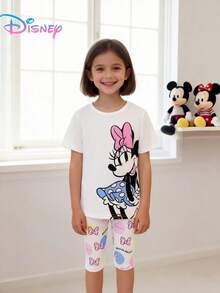 Disney 2pcs Tween Girls Minnie Mouse Print Short Sleeve T-Shirt And Polka Dot Bow Straight Leg Shorts Set, Soft & Comfortable, Girls Summer Casual Indoor/Outdoor Outfit - White - View 4