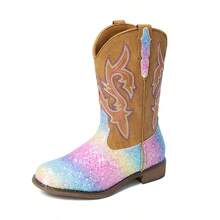 Girls Rainbow Cowgirl Boots Glitter Western Style Toddler Cowboy Boots Child Mid Calf Rhinestone Riding Shoes Party Birthday Dress Up For Toddler/Little/Big Kid Party School Holiday Dress Up - Màu xanh bạc hà - Xem 3