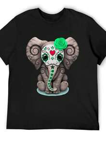 Sugar Skull Green Rose Elephant Day Of The Dead Halloween T-Shirt Blue Lock Oversized T Shirt Cotton Graphic Tees Mens Fashion - Đen 2 - Xem 1