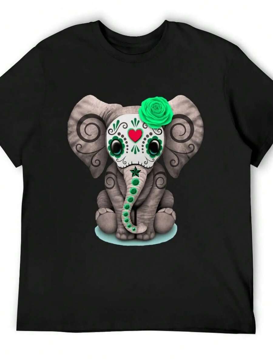 Sugar Skull Green Rose Elephant Day Of The Dead Halloween T-Shirt Blue Lock Oversized T Shirt Cotton Graphic Tees Mens Fashion - Đen 2 - Xem 1