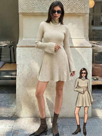 Vestido mini elegante de mujer Vuslat con cuello alto, manga larga, corte evasé, de punto y felpa con rayas en las axilas, adecuado para el Día de San Valentín, fiestas de Año Nuevo, reuniones, uso diario en la oficina, prenda exterior