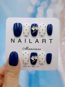 10pcs Set Of Handmade Nail Stickers, Navy Blue Almond Shape, Beautiful Fragrance Style French Manicure Stickers, Matte Nail Stickers - Navy Blue - View 3