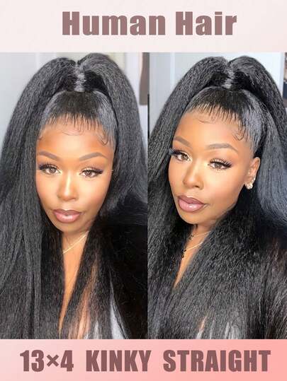 Kinky Straight Hair Kinky Straight Transparent Lace Front Wig,Kinky Straight 13x4 Lace Front Wigs Human Hair Glueless Lace Frontal Wig With Natural Hairline,Kinky Straight Human Hair Wigs 13x4 Wig Yaki Human Hair Pre Plucked,Yaki Straight Natural Black Kinky Hair Wig For Women,Pre-Plucked Hair, 180% Density Wig,Comfortable For Casual Attire,Party Accessories,Elegant Black Color Stylish(Bob Wigs 8-16inch)