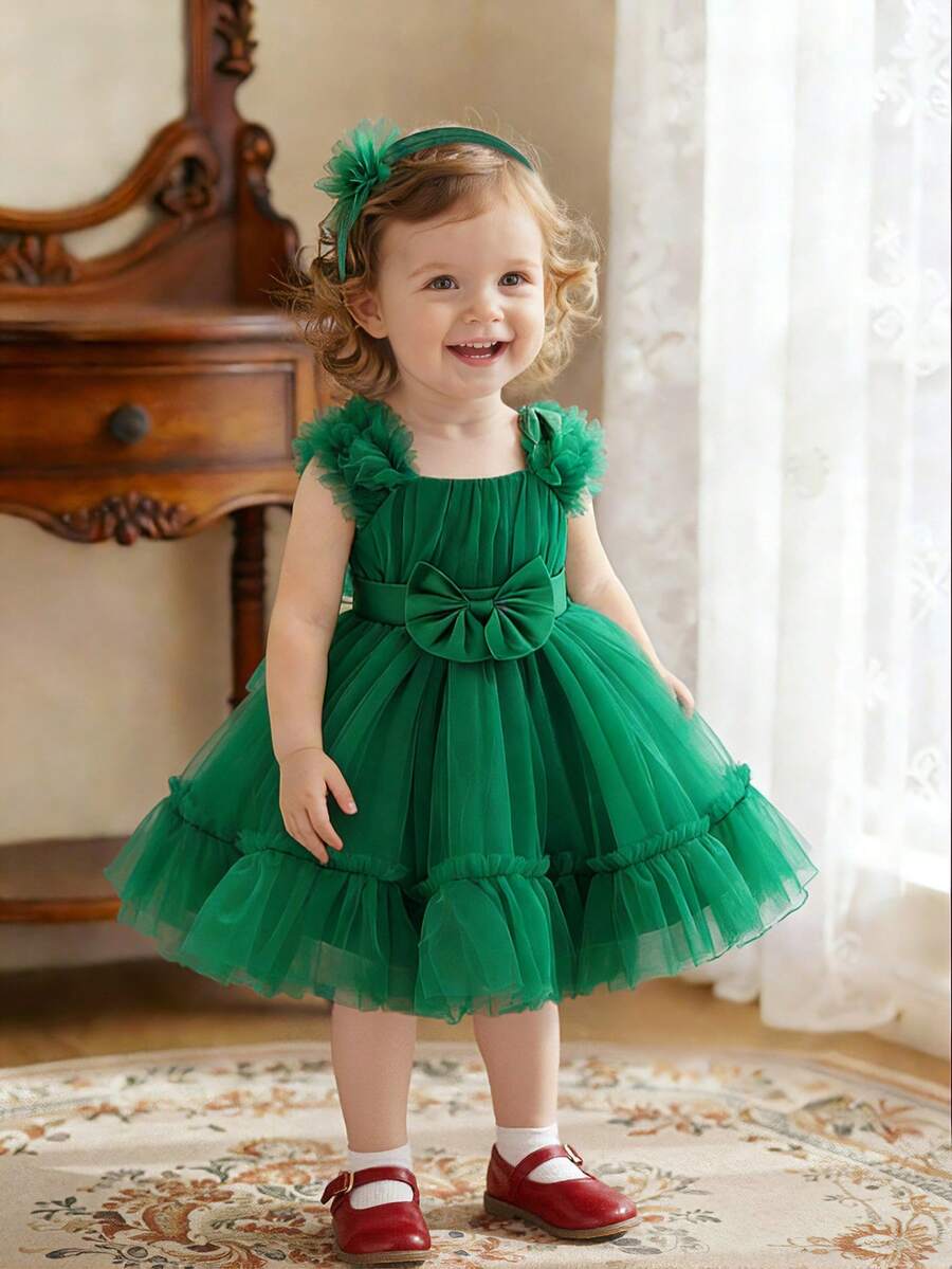 1pc Baby Girls Ruffle Tulle Bow Cute 1st Birthday Party Dress, Suitable For Flower Girl Wedding Celebration, Hair Band Included - Dark Green - View 1