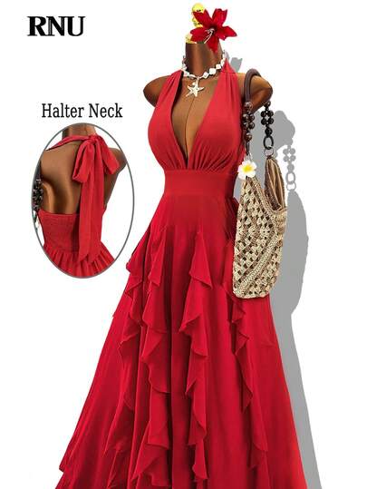 RNU Đầm maxi nữ màu đỏ phong cách Bohemian lãng mạn thanh lịch, thích hợp dự tiệc cưới, tốt nghiệp, sinh nhật, tiệc cocktail, đi biển, cổ chữ V, dây đeo vai mảnh rộng rãi, dây đeo vai ngẫu nhiên, viền xếp tầng nhiều lớp, trang trí nơ, đầm dài, mẫu mới Xuân/Hè 2025.