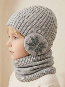 Set 2pcs/Set Topi dan Syal Anak Usia 3-10 Tahun Motif Salju, Topi Rajut Luar Ruangan Musim Dingin dengan Lapisan Bulu Domba, Model Tebal, Cocok untuk Bersepeda di Musim Dingin - Grey - View 8