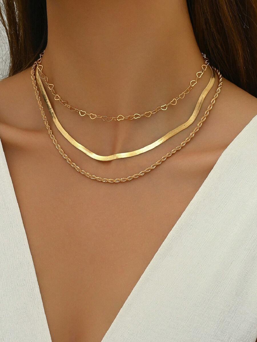 3pcs/Set Delicate Hollow Heart Pendant Necklace Set, Includes Luxury Twist Chain And Minimalist Snake Chain, Suitable For Daily Wear, Beach Party, Vacation, And Mother's Day Gift - Gold - View 1