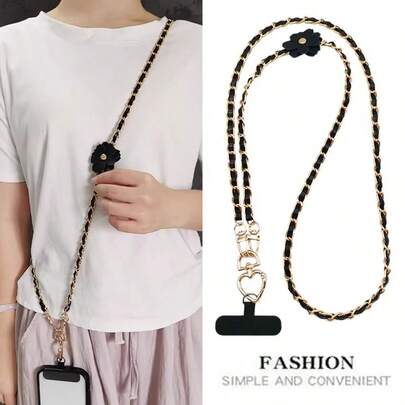 1条花卉挂绳，长款斜挎相机背带，结实耐用的金属皮革挂链，适用于户外携带相机/手机，含夹子