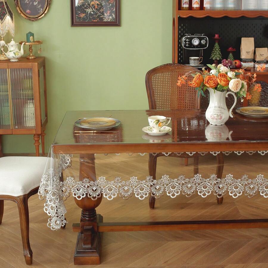 1 chiếc, Khăn trải bàn hình chữ nhật thêu bằng PVC mùa thu, chống thấm nước và dầu mỡ, ren trang trí, trang trí bàn ăn, bàn bếp, bàn ăn sáng, bàn cà phê, ngày lễ, trang trí bàn ngoài trời. - Xám - Xem 1