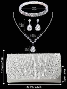 Shiny Rhinestone Flap Evening Bag Party Bag, Elegant And Fashionable Pleated Clutch Prom Bag, With Shiny Rhinestone Jewelry Three Pieces Set, Suitable For Parties, Dinners, Gatherings, Dances, Weddings. - Silver - View 4