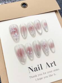 10pcs/Set Diy Handmade Pink Blooming Effect And White Carving Flowers Cats Eye Effect Desgin Nail Art Decoration, Including Short Coffin Shape Fake Nails, 1pc Jelly Gel And 1pc Nail File, Perfect For Spring/Summer Daily Life And Coachella Party Outfits Press On Nails Nail Supplies Handmade Press On Nails - Multicolor - View 3