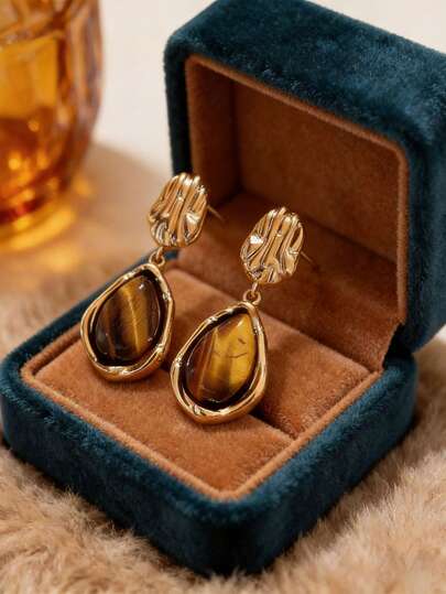 2件套夸张奢华虎眼石几何圆形耳钉，适合女性日常及节日佩戴，珠宝礼品
