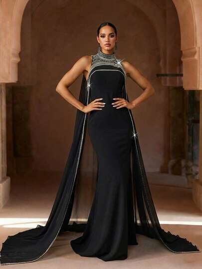 Luxury Black High Collar Sleeveless Dress, Dignified Dress, Arabic Style Women's Clothing, Women's Formal Dress