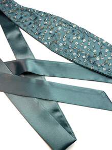 UNITHORSE Women's Stand Collar Batwing Sleeve Long Luxury Beaded Lace Embroidered Belt 2 Pieces Turkish Robe - Blue - View 9