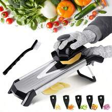 Cortador Mandolina de Acero Inoxidable para Cocina Picador de Juliana Verduras Frutas Papas Cebolla Patata con 5 Cuchillas Ajustable Cepillo de Limpieza y Guante Resistente a Corte Mandolina-020 - Negro1 - Ver 8