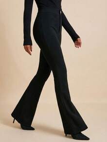 Women's Solid Color Button Casual Versatile Daily Flare Pants - Black - View 4