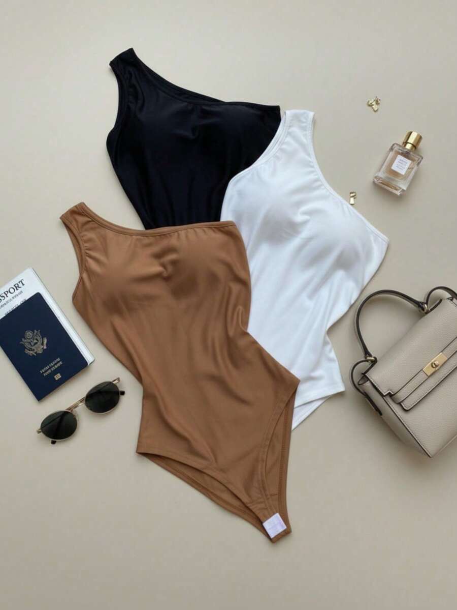 Set Of 3 Women's Bodysuits: One-Shoulder Tank Top With Padding, Supplex Fabric, Gift Set For Birthdays, Christmas, Day/Night, Spring/Summer - P/M/B - Xem 1